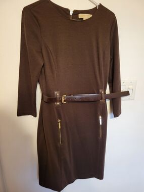 MICHAEL Michael Kors Chocolate Brown Long-Sleeve Belted Sheath Dress
